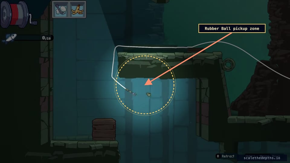 The Rubber Ball pickup zone. This is the alcove where the artifact-tagged icon sits — touch it with the hook and the grab banks at 3:19, no fight and no scaling needed.