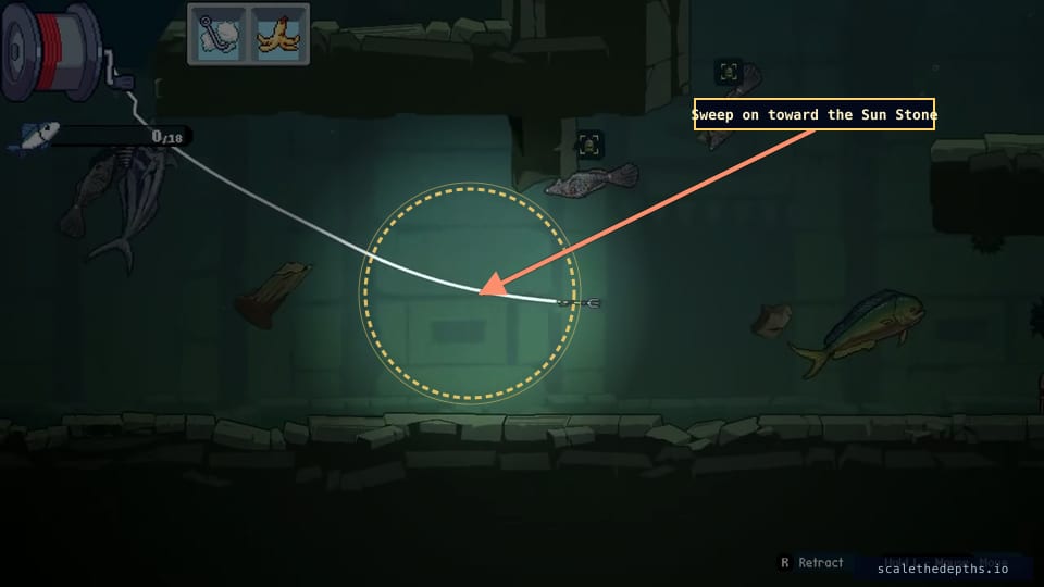 Sweeping on toward the Sun Stone. With the ball banked, the hook keeps descending through the ruin — the Aztec Sun Stone is the next artifact in this same tight chain, at 3:39.