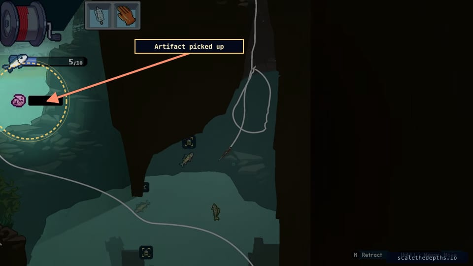 Pickup confirmed — the artifact counter ticks over (top-left) the instant the hook touches Nessie. Now the line is in the narrow vertical chute heading back up.