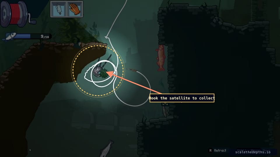 Hook engaged on the satellite. The artifact counter ticks up the instant the line touches it — now retract up and right, past the red fish, back toward the surface.