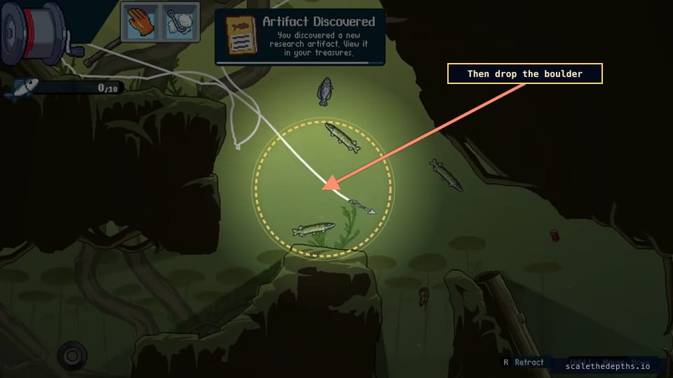 With the plush banked, drop the boulder to change the route. Do this in the wrong order and you can seal the artifact behind the reroute.