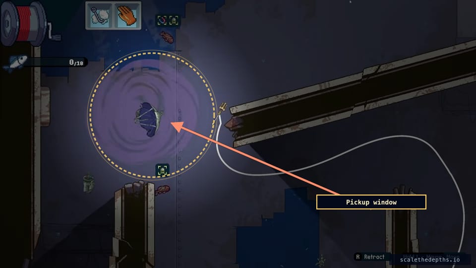 Pickup window. Drift the hook into the purple swirl — collision is generous, you do not need a centred hit.