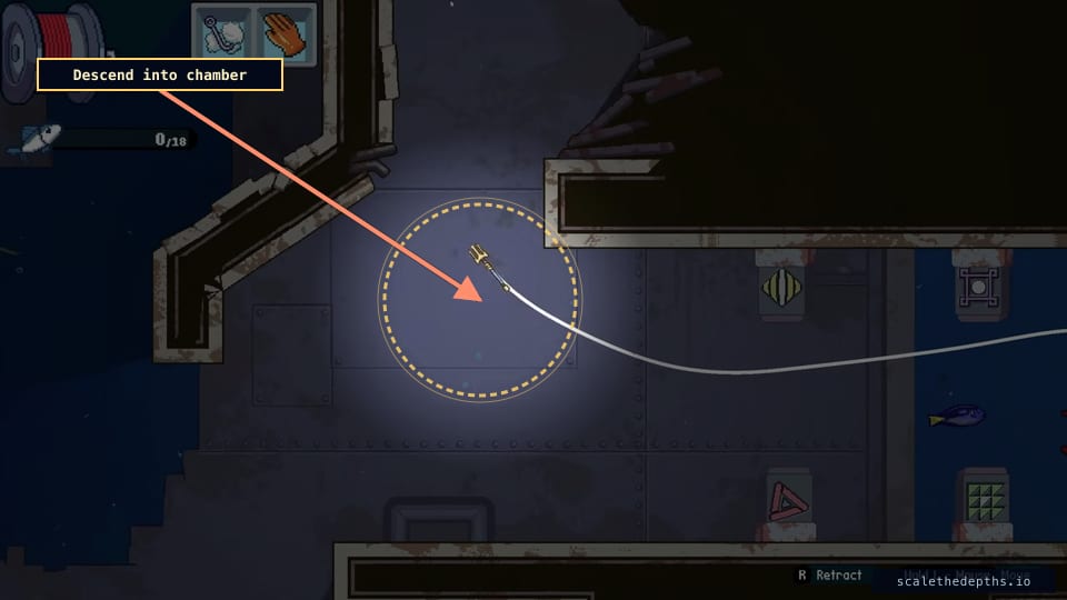 Descend into the chamber. The blue/yellow shutters on the right are landmarks — the artifact alcove is to their left.