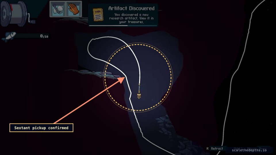 Pickup confirmed — the game's 'Artifact Discovered' banner fires the moment your line touches the brass sextant.