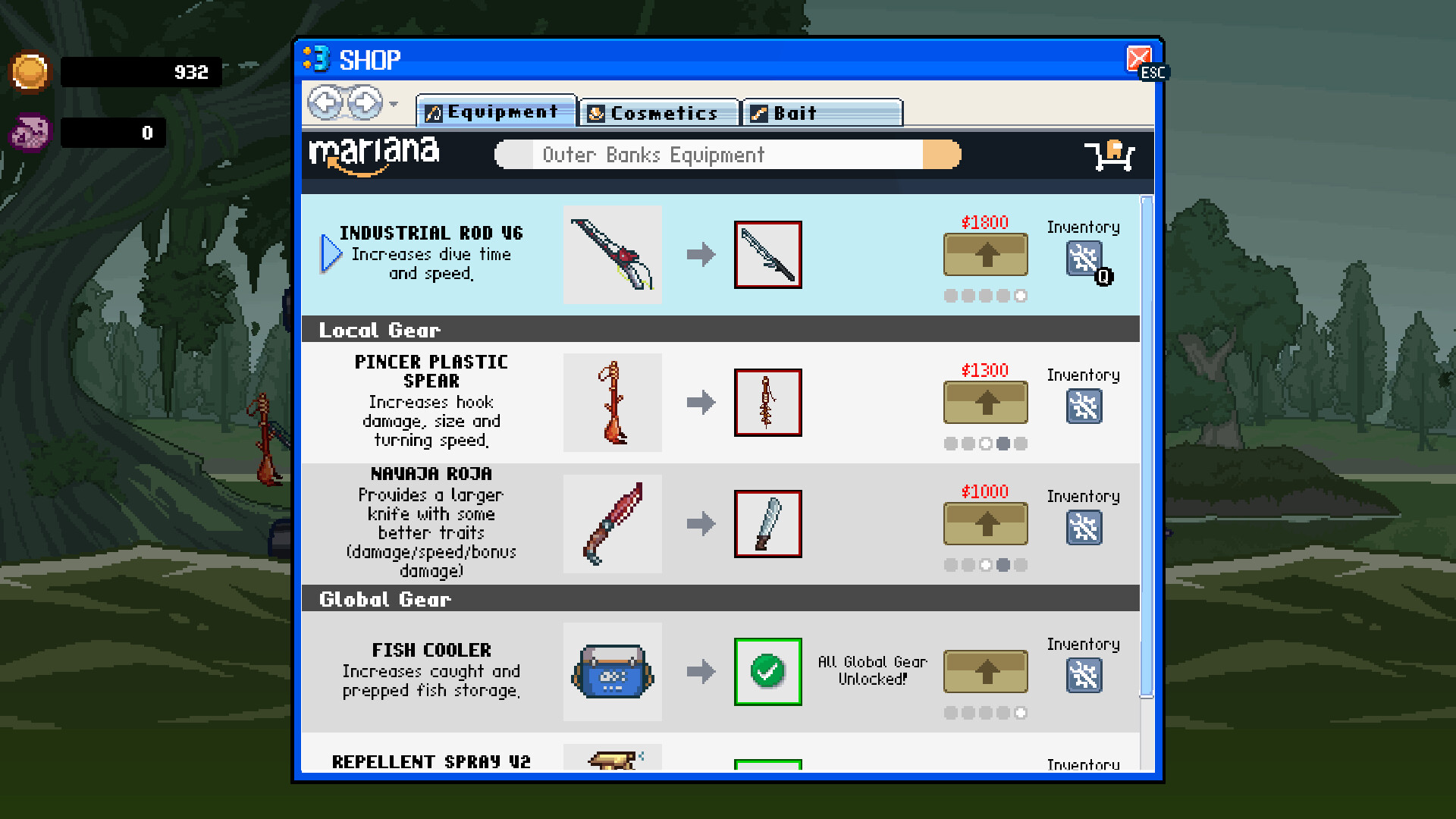 The in-game shop at Outer Banks — Industrial Rod V6, Pincer Plastic Spear, Navaja Roja knife, Fish Cooler upgrades